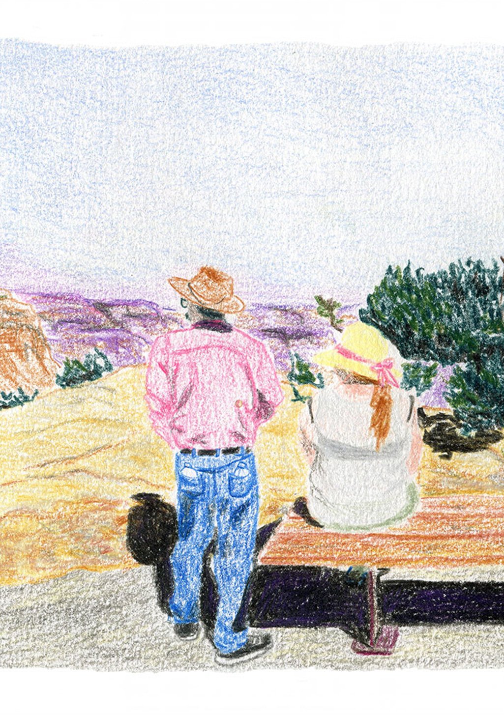 Deux personnes regardant le paysage, homme en chemise rose et chapeau de cow-boy, femme en chapeau jaune