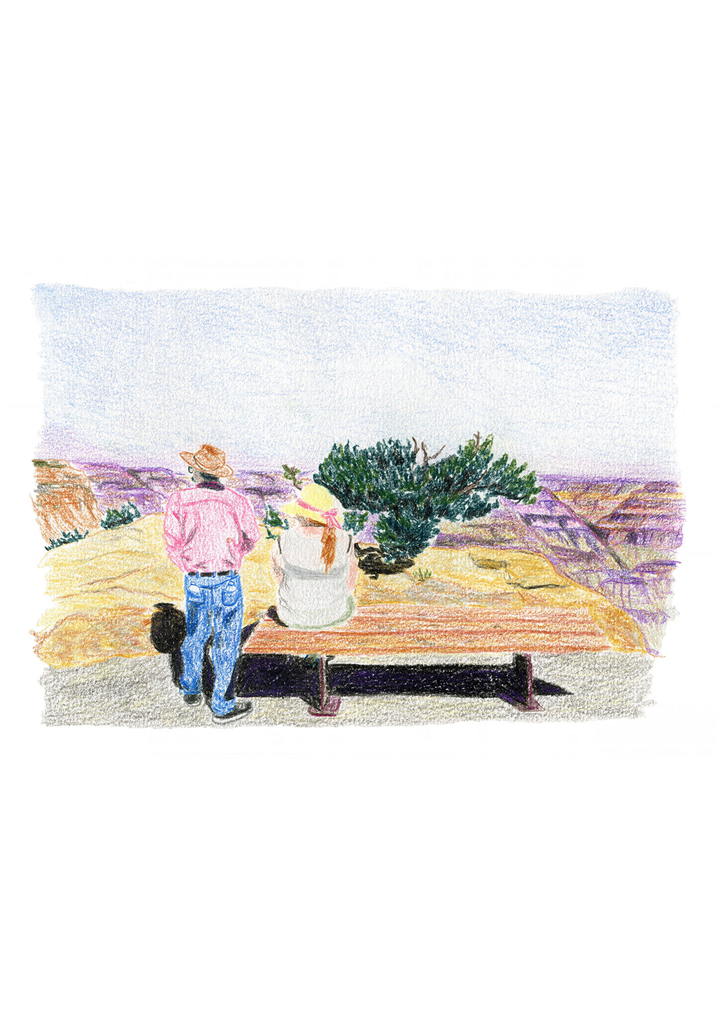 Homme, femme, enfant, chien, nature, extérieur, campagne, assis, arbre, ciel, terrain, couleurs