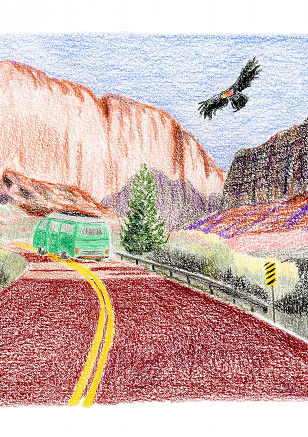 Route de montagne, bus vert, oiseau volant, paysage coloré