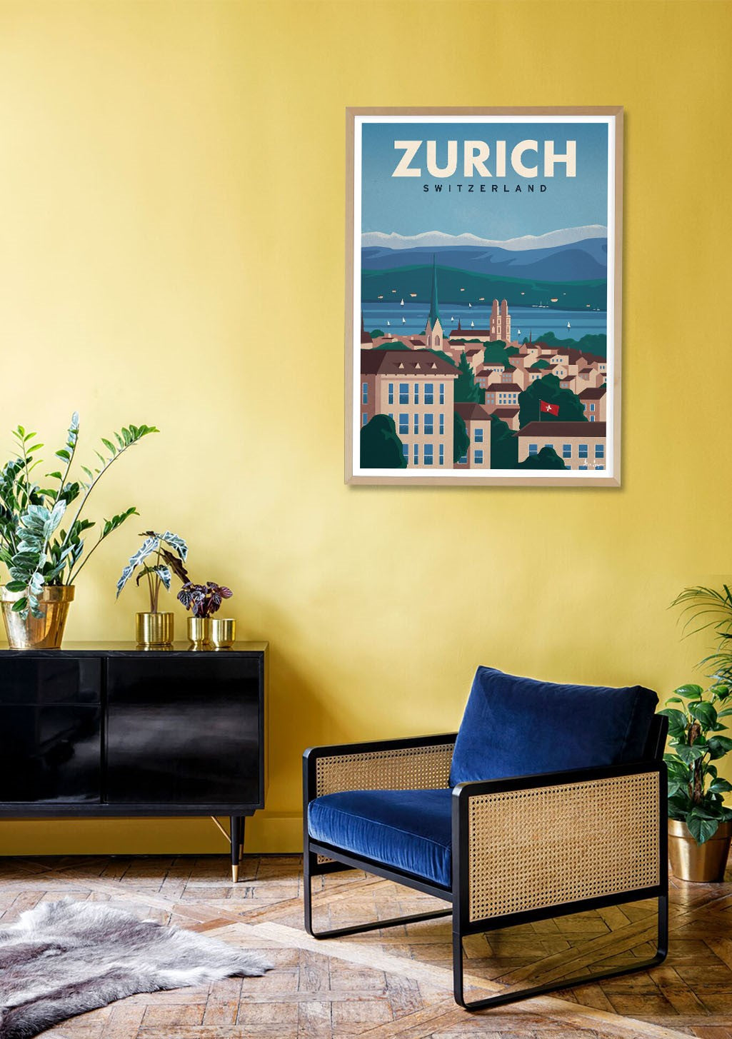 Poster Zurich Suisse, Ville, Lac, Montagnes, Bâtiments